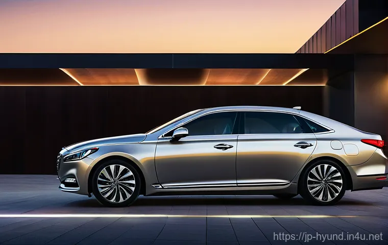 현대 그랜저와 제네시스 G70 선택 가이드 - A brand new, elegant Hyundai Grandeur (also known as Azera) positioned in front of a modern, upscale...