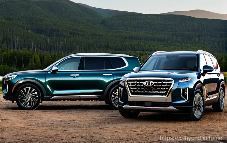 현대 팰리세이드와 기아 텔루라이드 비교 - **Prompt for Kia Telluride: Rugged Adventure and Powerful Utility**
    "A stunning, realistic, wide...