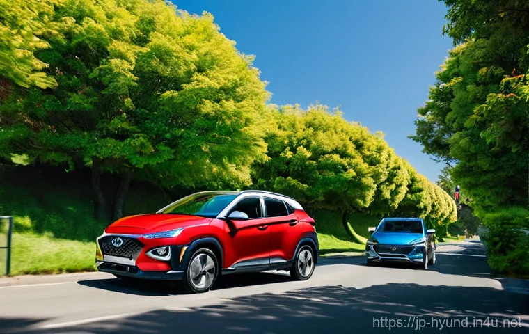 현대 아반떼와 현대 코나 연비 비교 - **Prompt for Hyundai Kona EV - Unique Compact SUV Look and Modern Lifestyle**
    "A striking Hyunda...