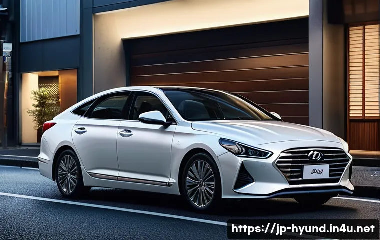 현대 그랜저와 렉서스 ES 비교 - A sleek modern Hyundai Grandeur sedan parked on a bustling Tokyo street at dusk, featuring a bold fr...